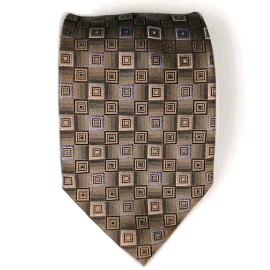 Joseph  Feiss Silk Necktie Gold Blue Cream Geometric Pattern